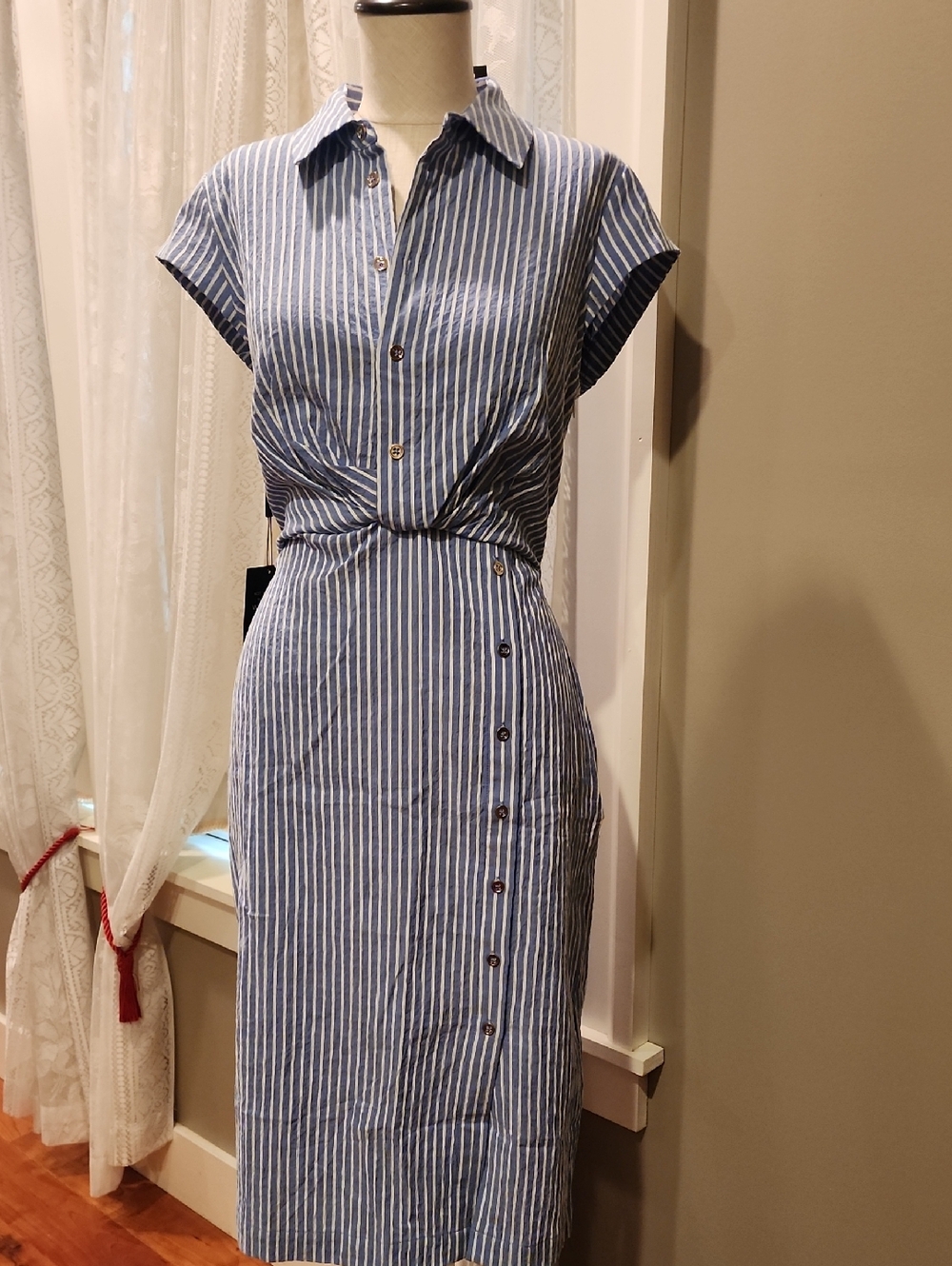 White House Black Market Blue and White Striped Midi Shirt Dress